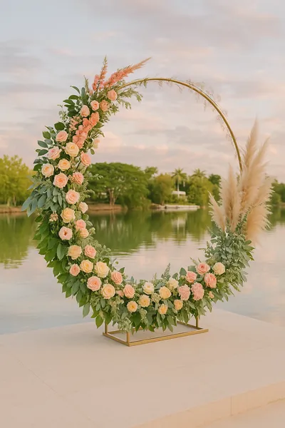 Aro floral con rosas, follaje y pampas junto a un lago