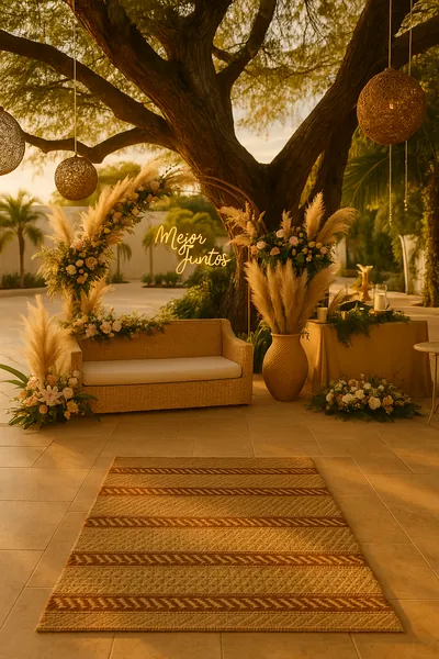 Sala lounge bajo un árbol con pampas, faroles colgantes y tapete tejido