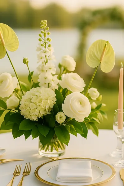 Arreglo de anturios verdes, hortensias y ranúnculos blancos con velas