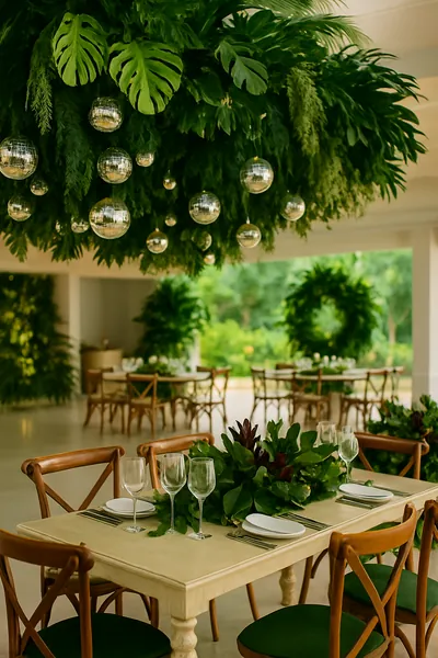 Mesa con arreglo bajo de follaje bajo un techo de plantas colgantes y esferas plateadas