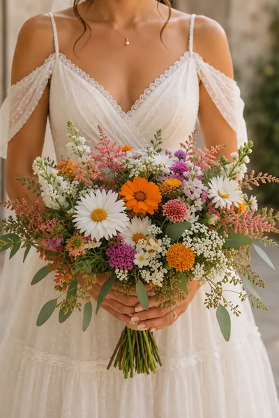 Ramo de novia colorido de margaritas, gerberas naranjas y flores rosadas
